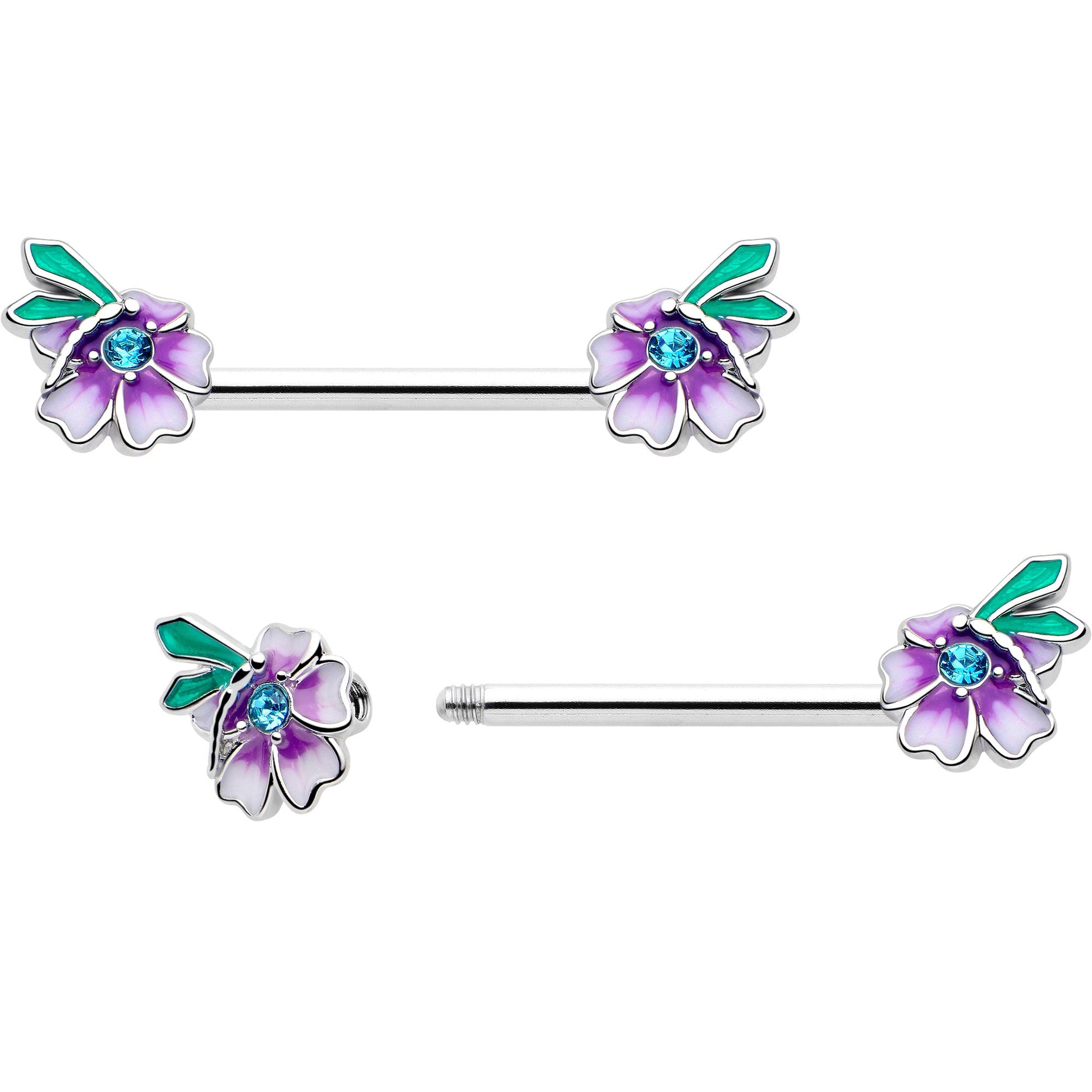 14G 9/16 Blue Gem Faerie Flower Purple Barbell Nipple Ring Set BodyCandy