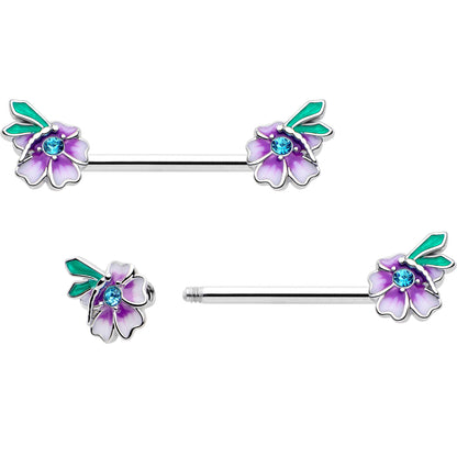 14G 9/16 Blue Gem Faerie Flower Purple Barbell Nipple Ring Set BodyCandy