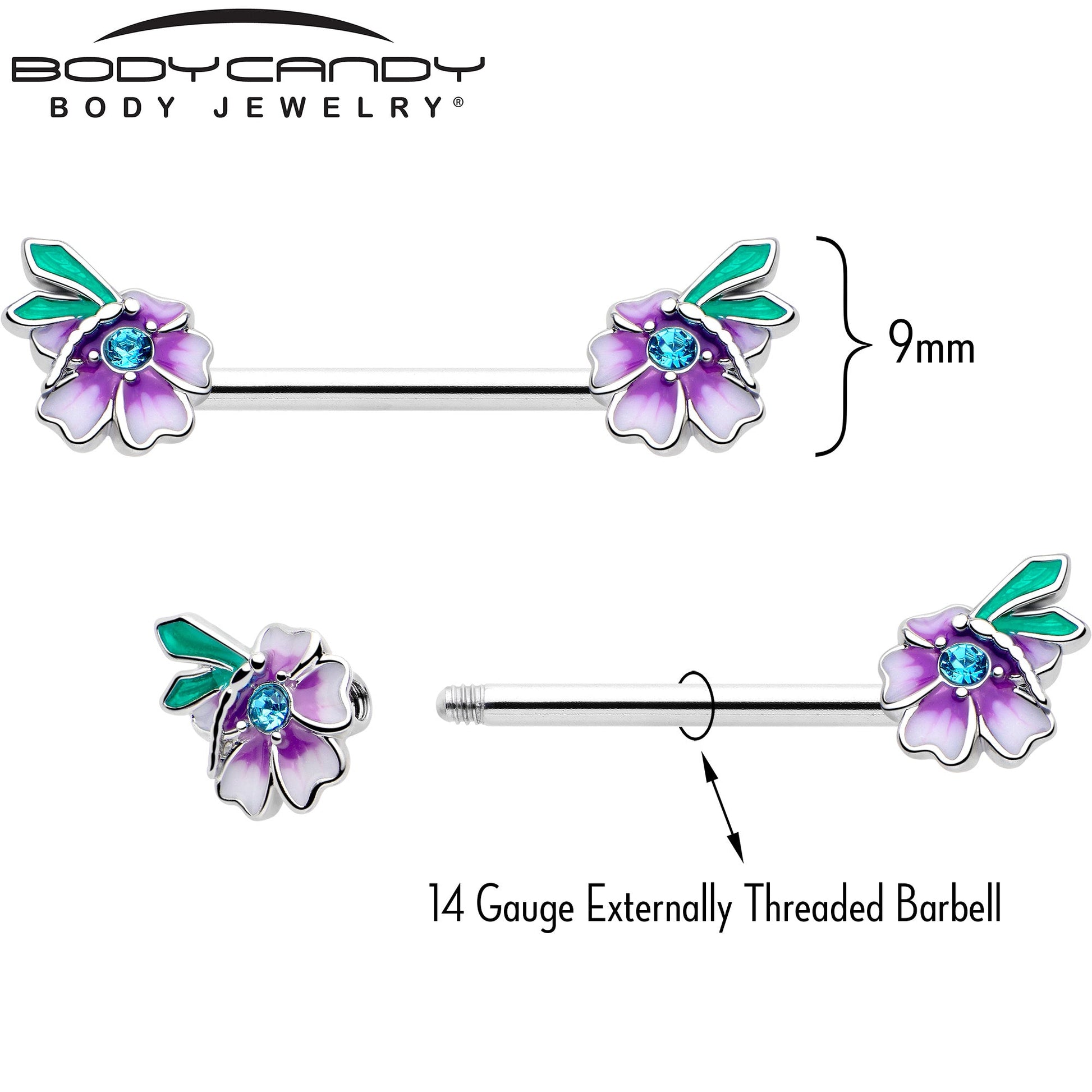 14G 9/16 Blue Gem Faerie Flower Purple Barbell Nipple Ring Set BodyCandy
