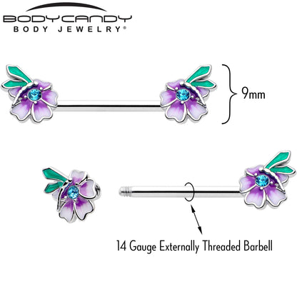 14G 9/16 Blue Gem Faerie Flower Purple Barbell Nipple Ring Set BodyCandy