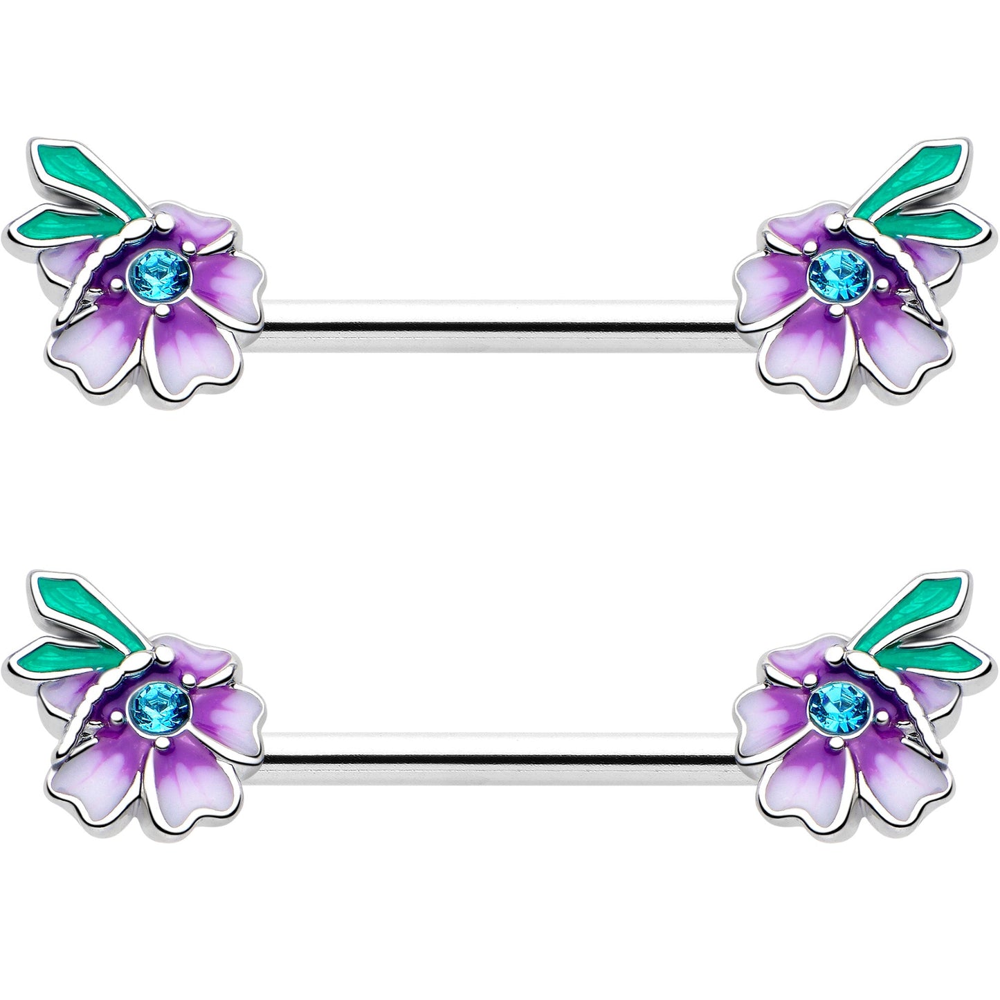 14G 9/16 Blue Gem Faerie Flower Purple Barbell Nipple Ring Set BodyCandy