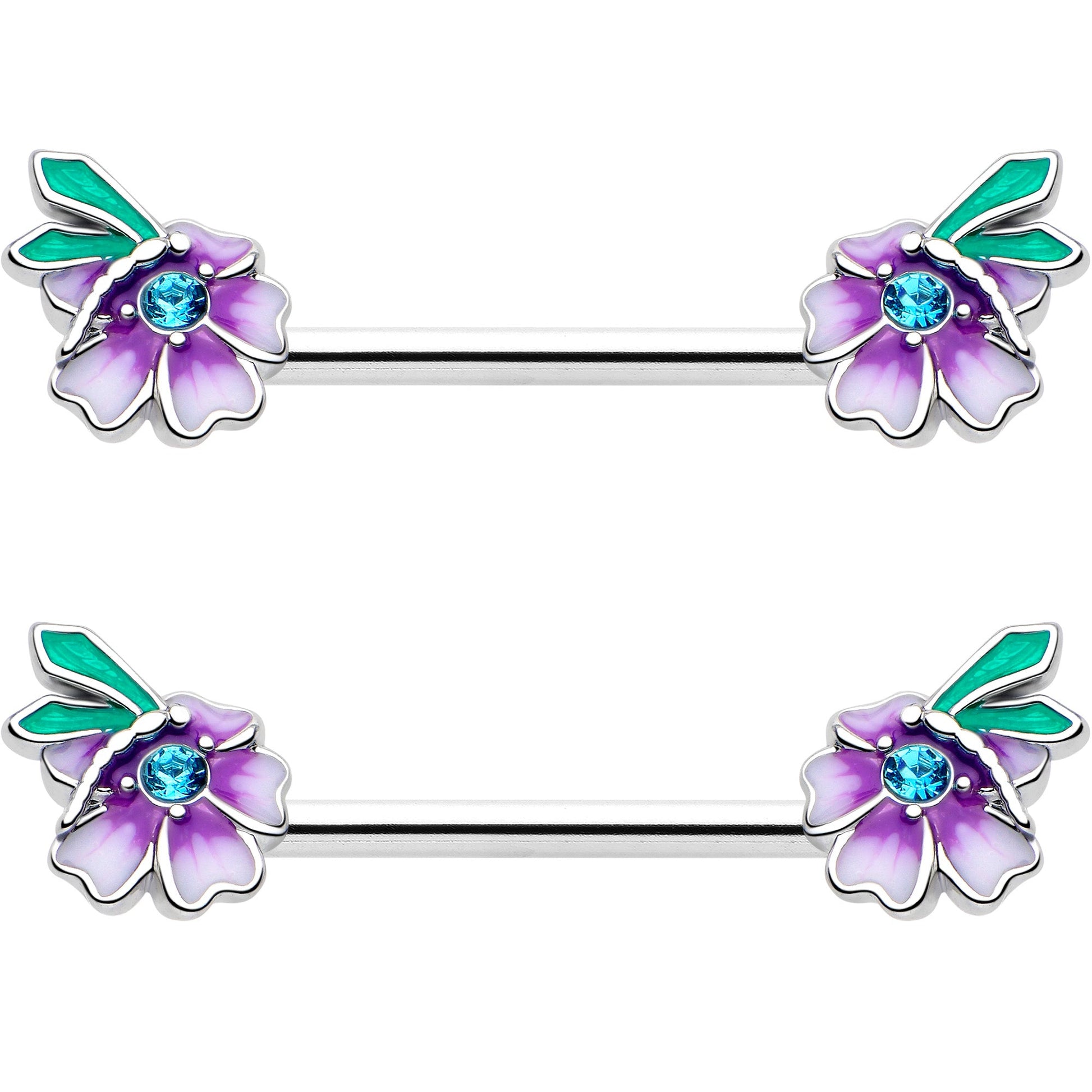 14G 9/16 Blue Gem Faerie Flower Purple Barbell Nipple Ring Set BodyCandy