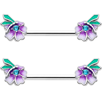 14G 9/16 Blue Gem Faerie Flower Purple Barbell Nipple Ring Set BodyCandy