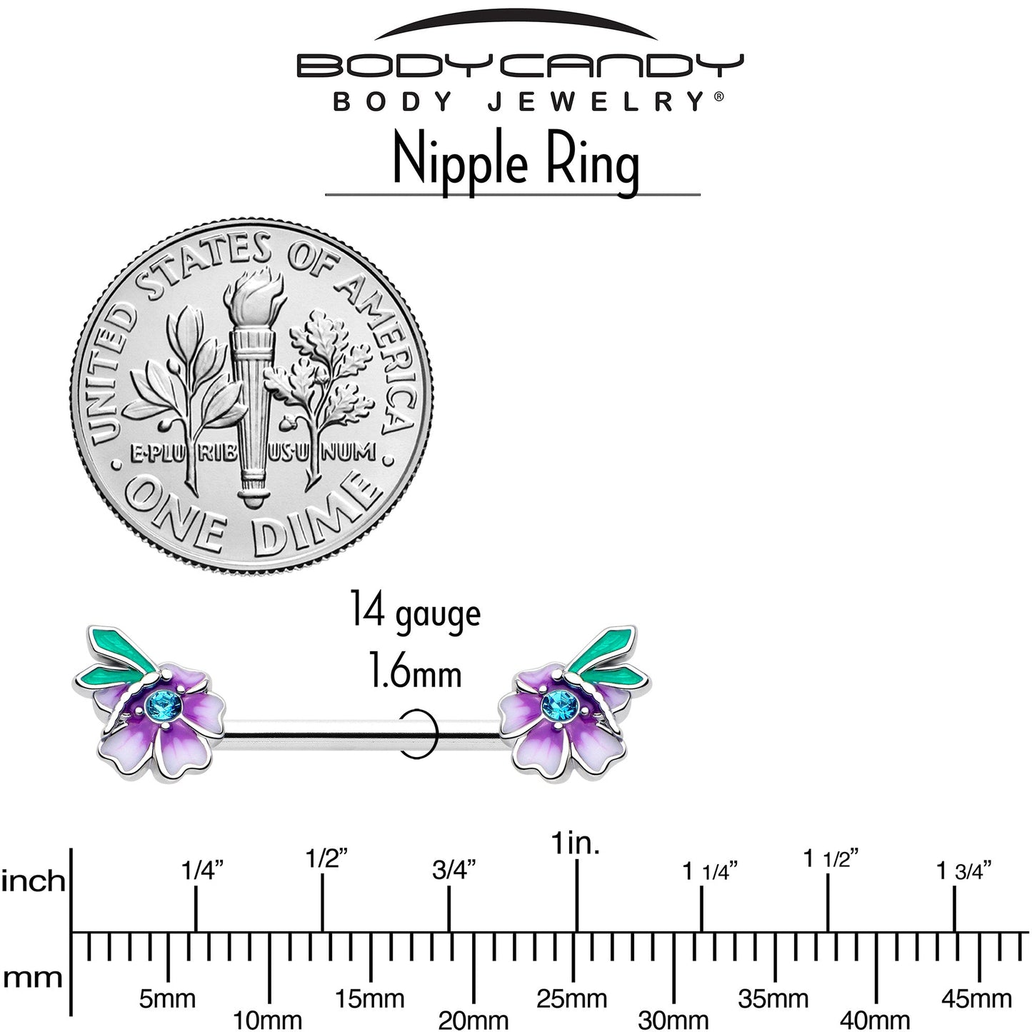 14G 9/16 Blue Gem Faerie Flower Purple Barbell Nipple Ring Set BodyCandy
