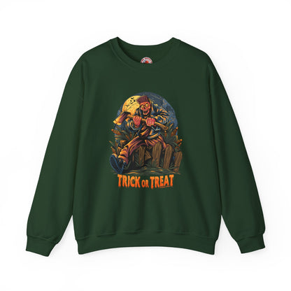 Axe Wielding Zombie Trick or Treat Crewneck Sweatshirt The Devil's Pickle