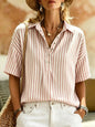 Women's Striped Short-Sleeve Shirt with Turn-Down Collar FitiqueFit