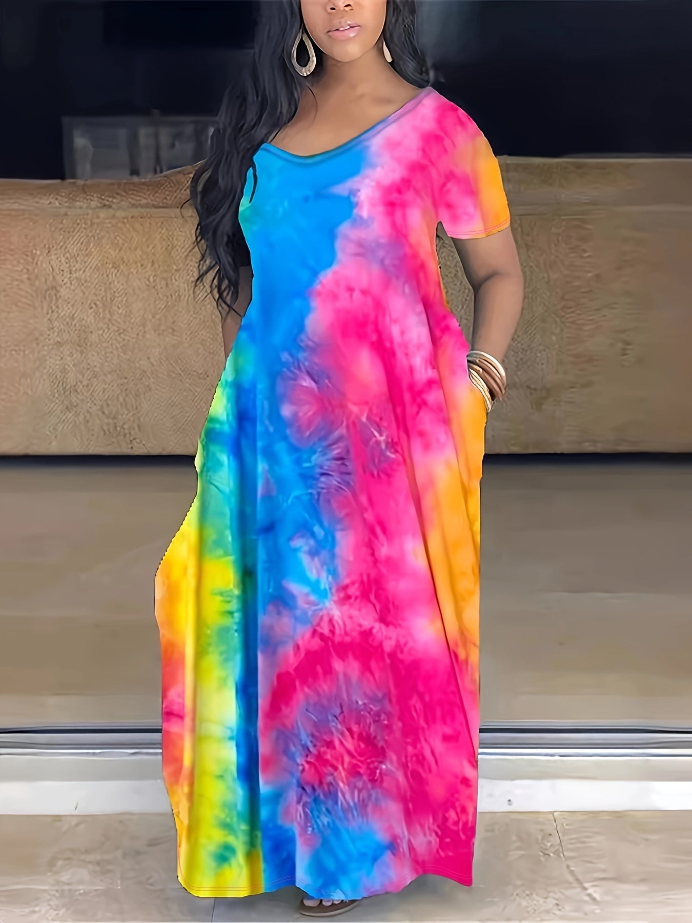Plus Size Maxi Dress with Pocket, Women's Plus Tie Dye Print Short Sleeve Elegant Medium Stretch Long Dress NovaCart