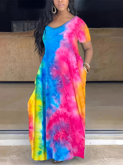 Plus Size Maxi Dress with Pocket, Women's Plus Tie Dye Print Short Sleeve Elegant Medium Stretch Long Dress NovaCart