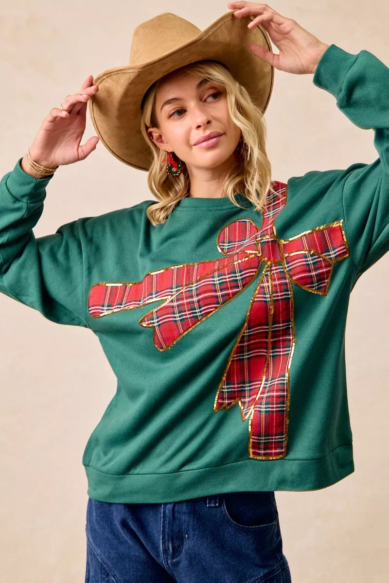 BiBi Plaid Ribbon Bow Detail Christmas Fleece Pullover FitiqueFit