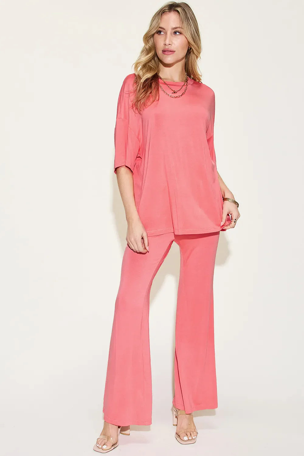 Basic Bae Full Size Bamboo Drop Shoulder T-Shirt and Flare Pants Set New Era Fashion LLc