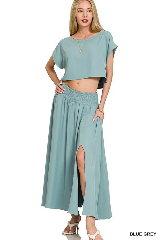 Zenana Heavy Woven Span Crop Tee & Skirt Set West2East Surf