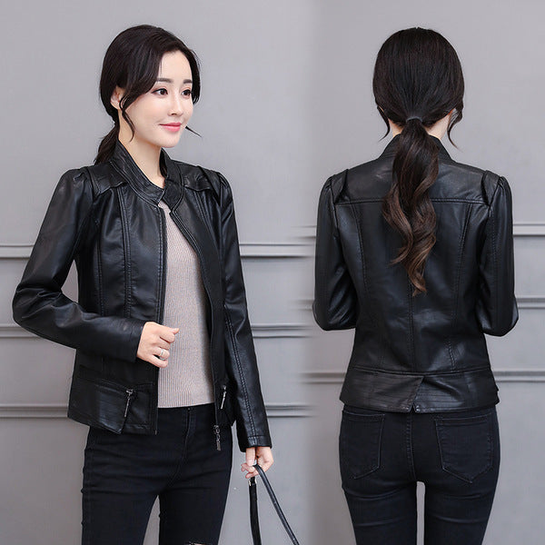 Korean-Style Slim Fit Motorcycle Leather Coat — Stand-Up Collar FitiqueFit