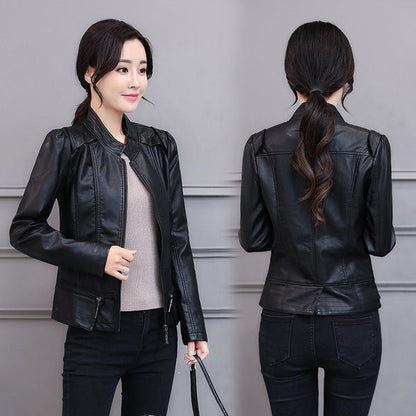 Korean-Style Slim Fit Motorcycle Leather Coat — Stand-Up Collar FitiqueFit