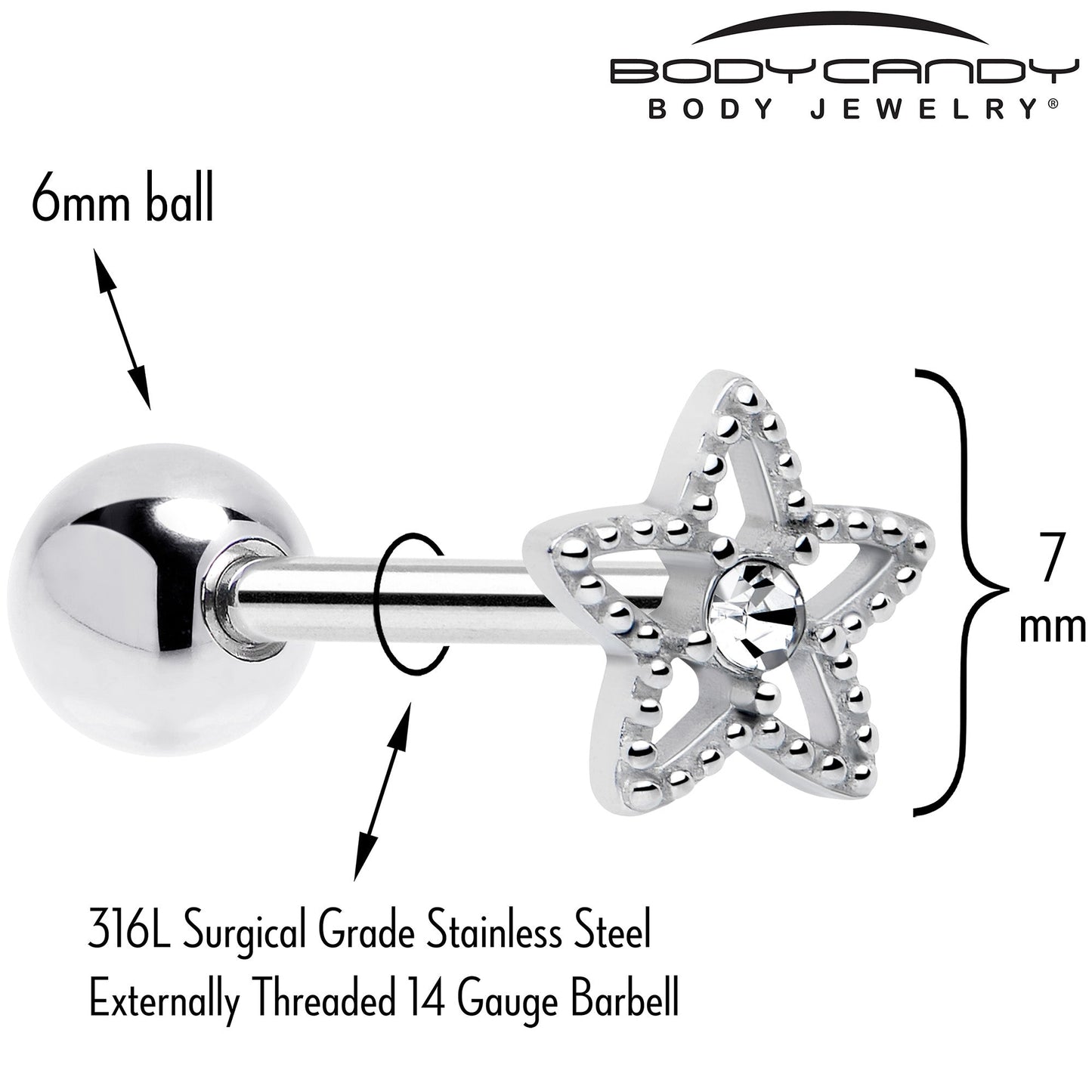 Clear Gem Star Texture Barbell Tongue Ring BodyCandy