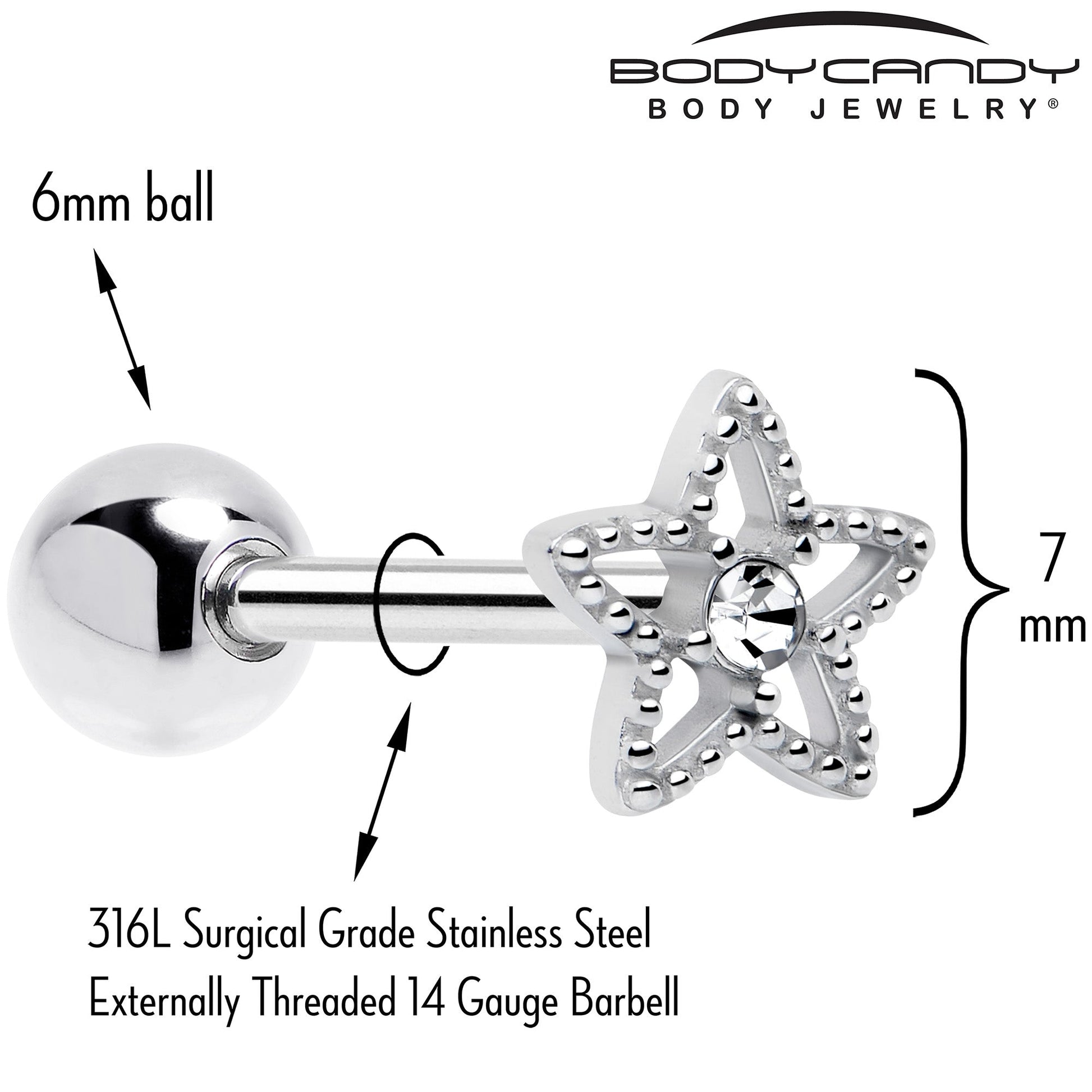 Clear Gem Star Texture Barbell Tongue Ring BodyCandy
