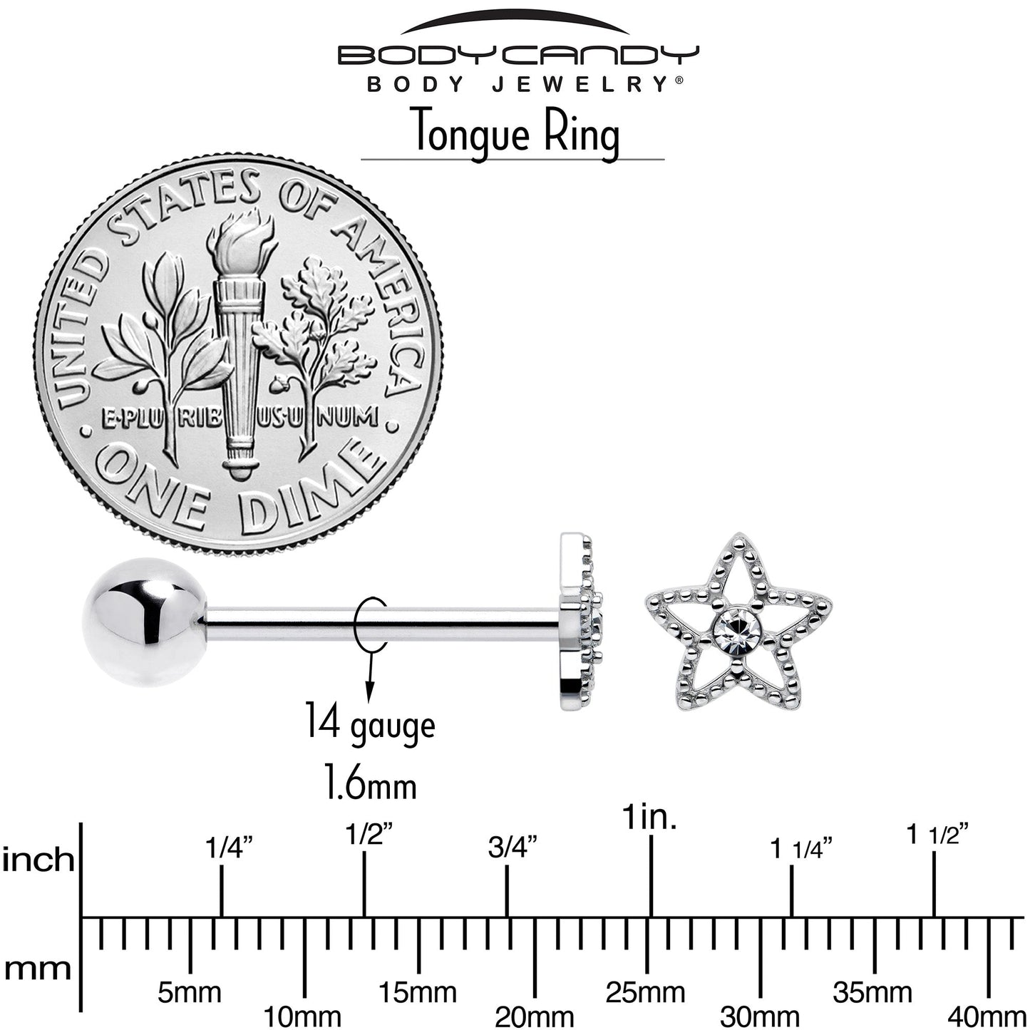 Clear Gem Star Texture Barbell Tongue Ring BodyCandy