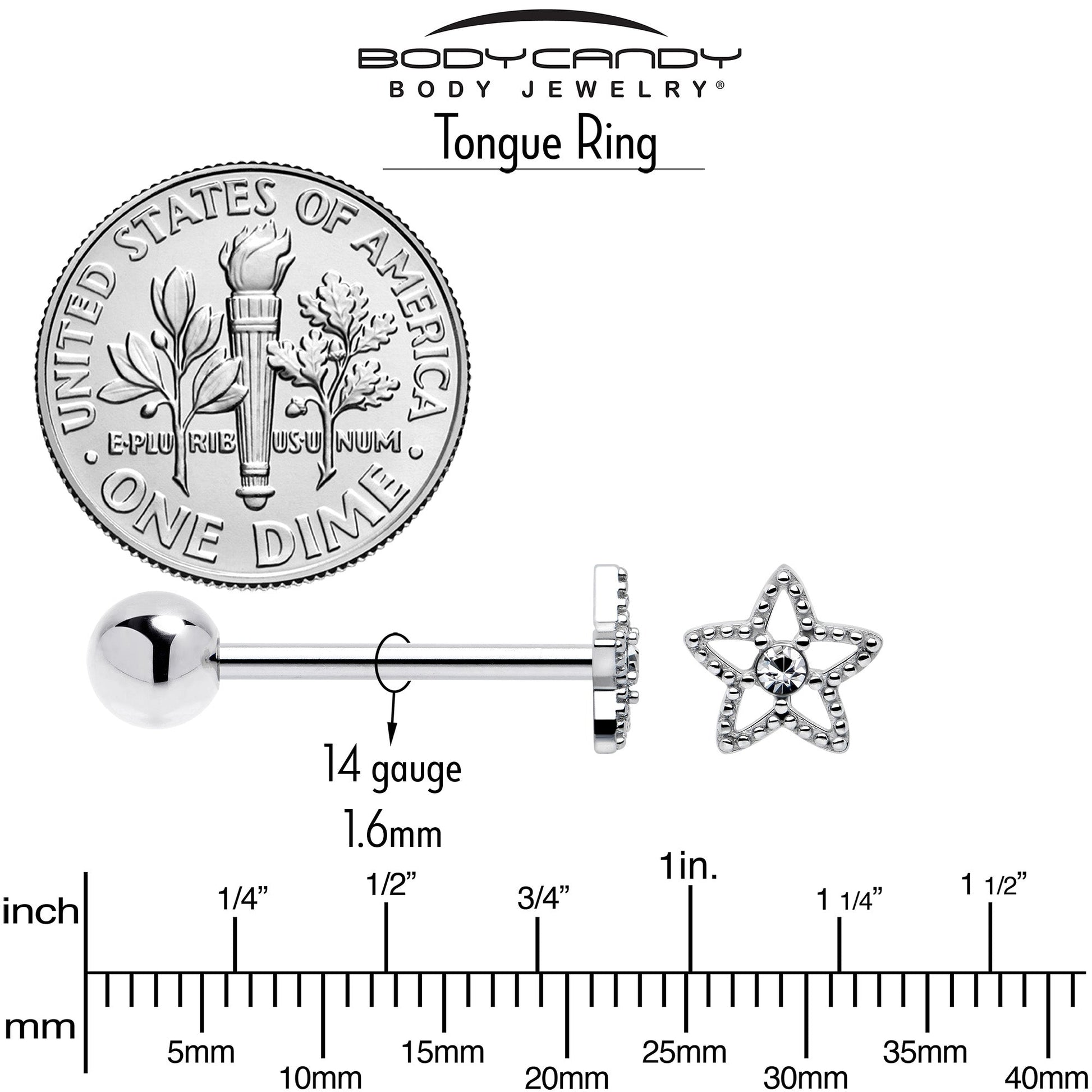 Clear Gem Star Texture Barbell Tongue Ring BodyCandy