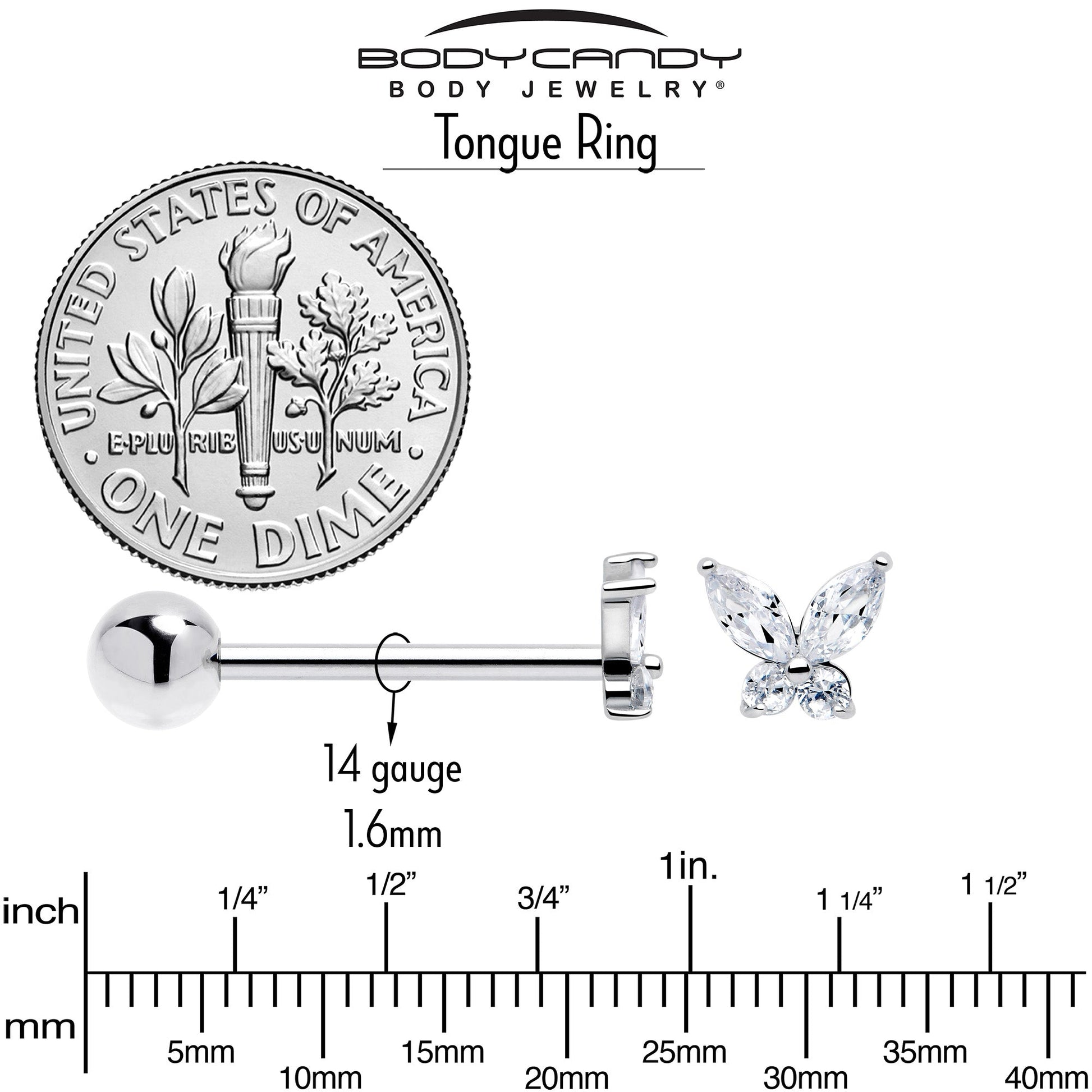 Clear CZ Gem Open Wing Butterfly Barbell Tongue Ring BodyCandy