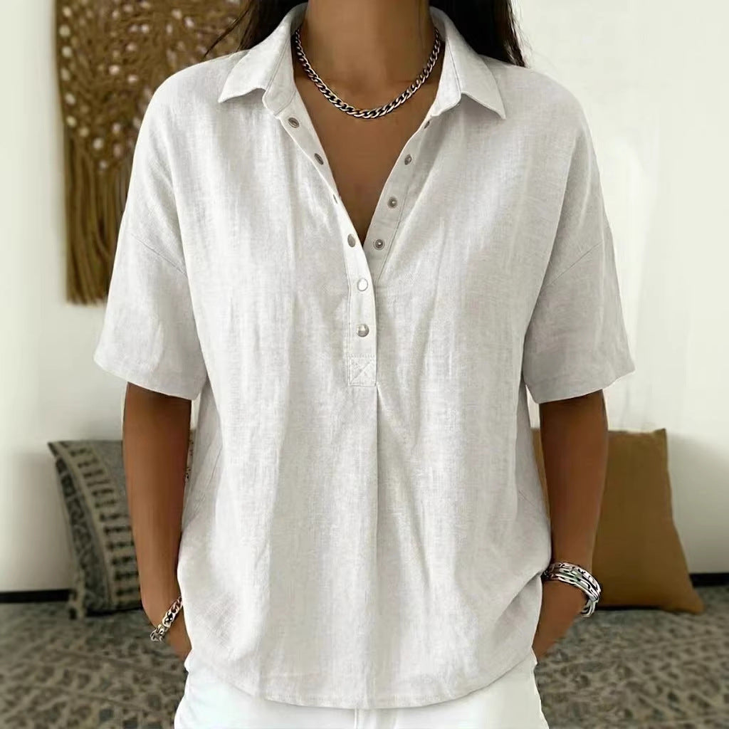 Short Sleeve Button Pullover Shirt – Solid Color Women’s Top FitiqueFit