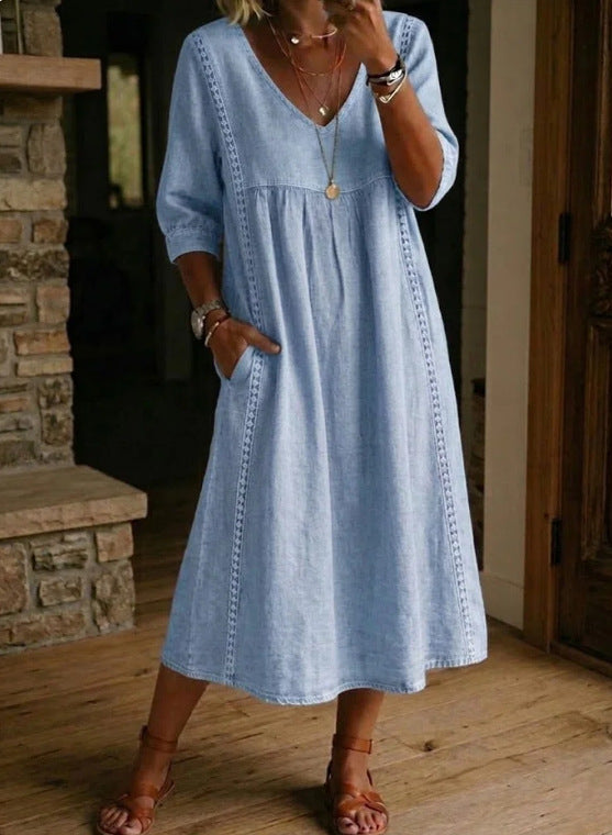 Women's Linen Cotton V-Neck Dress – Lace Trim, Loose Fit, 7 Colors FitiqueFit
