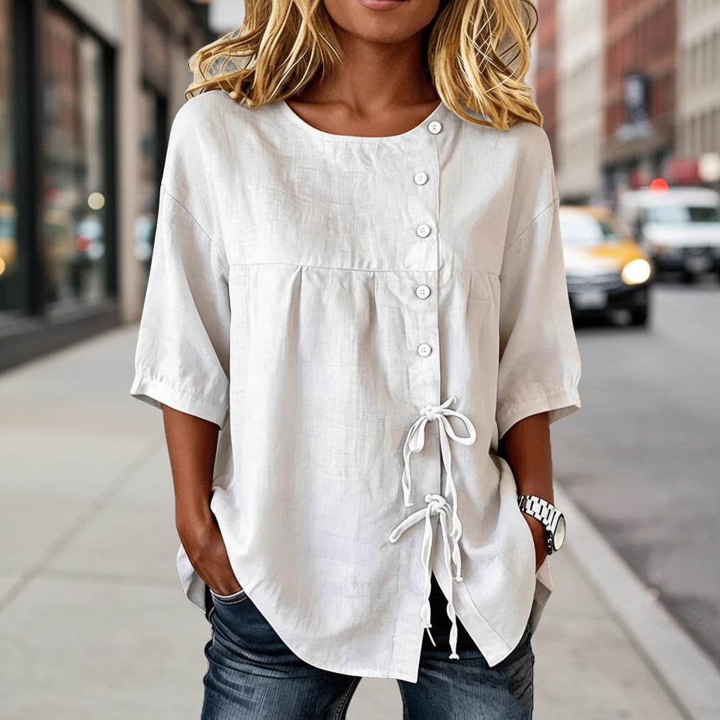 Women's Linen Lace-Up Button Shirt – 3/4 Sleeve Asymmetric FitiqueFit