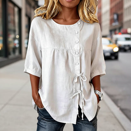 Women's Linen Lace-Up Button Shirt – 3/4 Sleeve Asymmetric FitiqueFit
