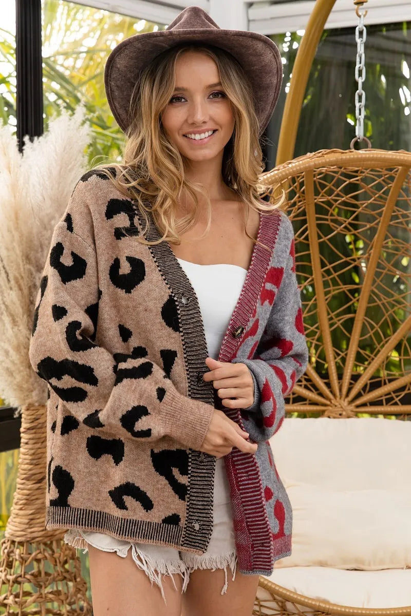 BiBi Leopard Color Block Button Down Sweater Cardigan West2East Surf