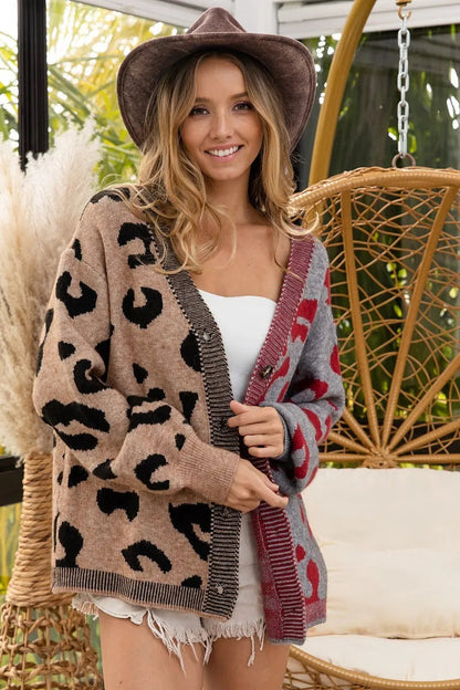 BiBi Leopard Color Block Button Down Sweater Cardigan West2East Surf