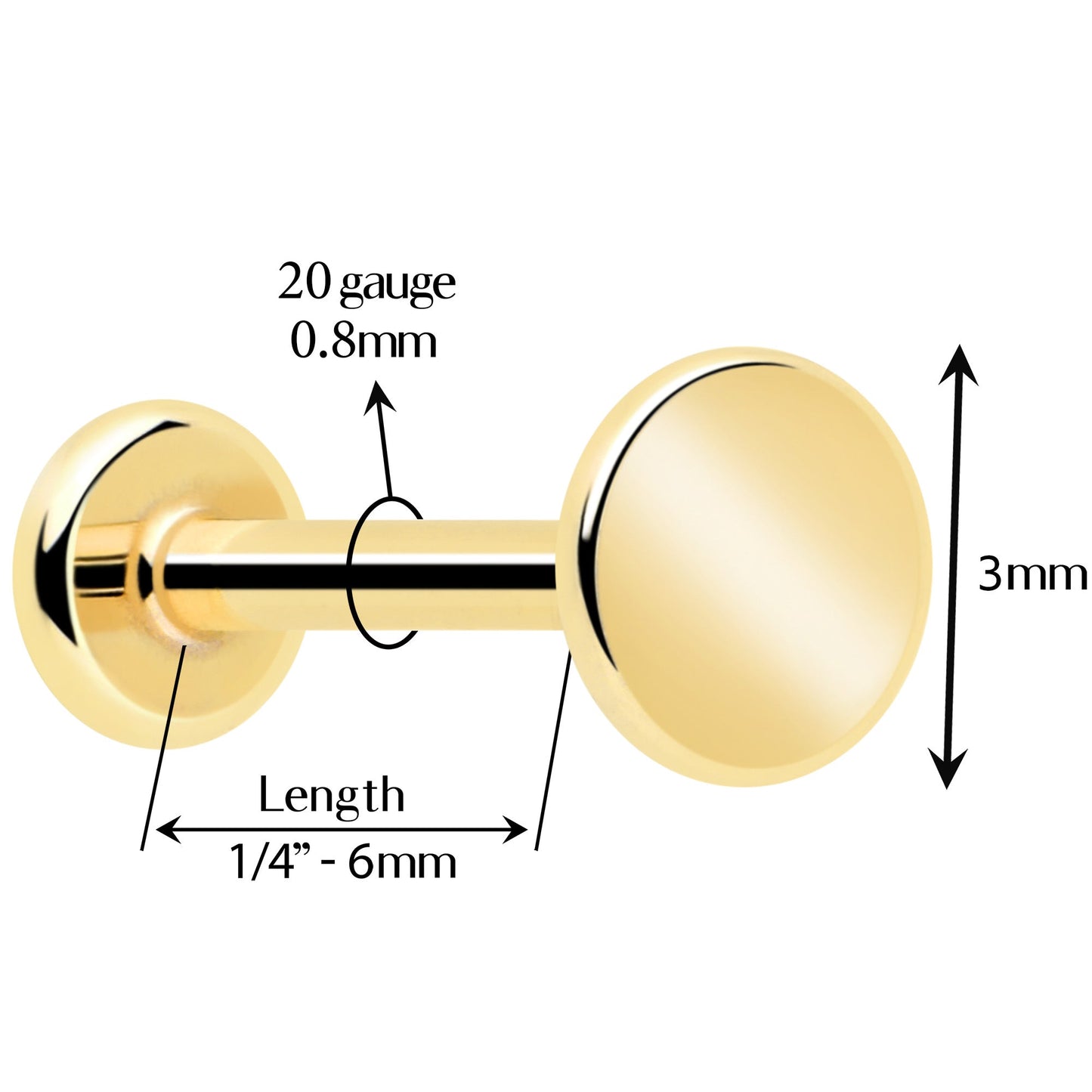 14k Solid Yellow Gold 3mm Disc Threadless Push In Flat Back Stud BodyCandy