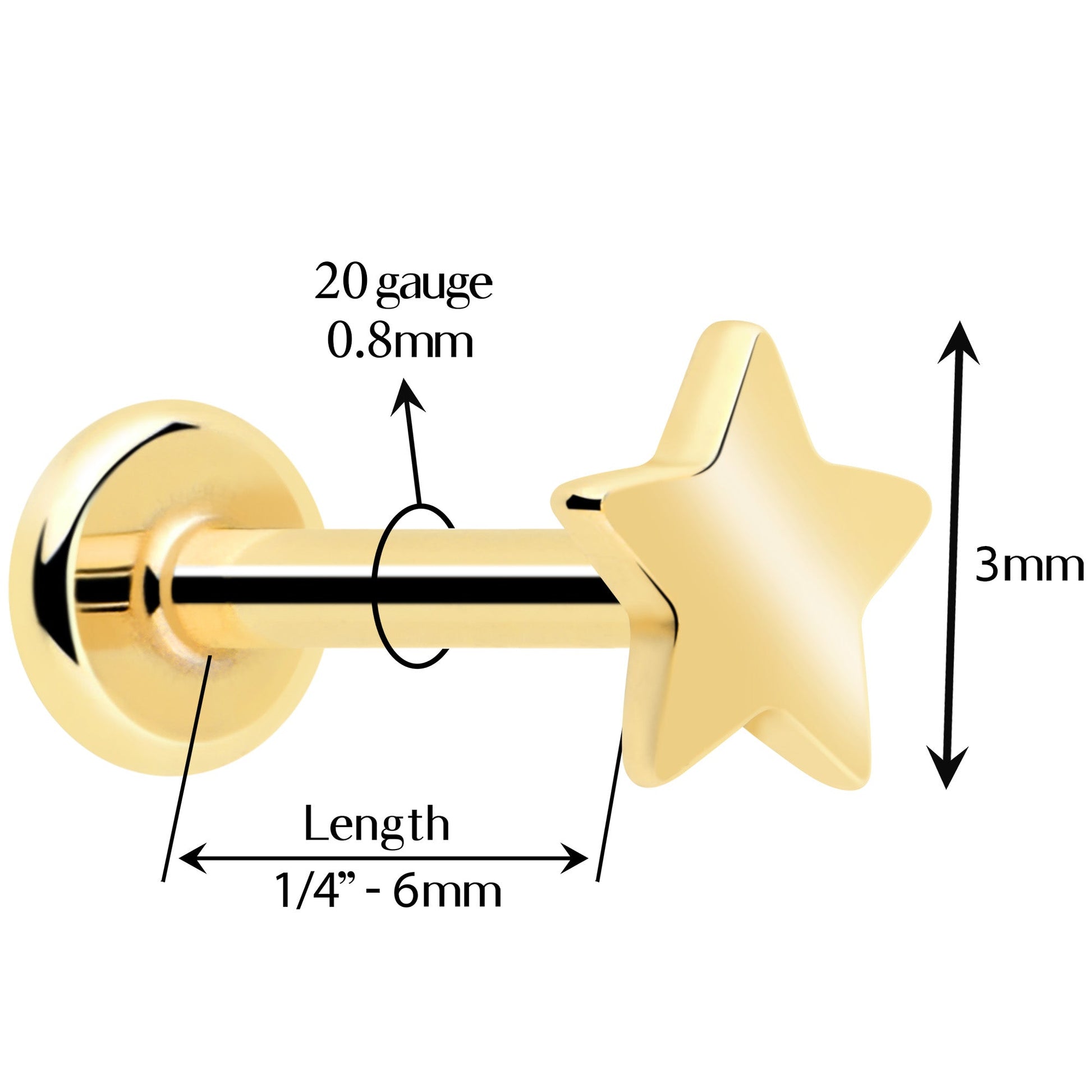 14k Solid Yellow Gold 3mm Star Threadless Push In Flat Back Stud BodyCandy