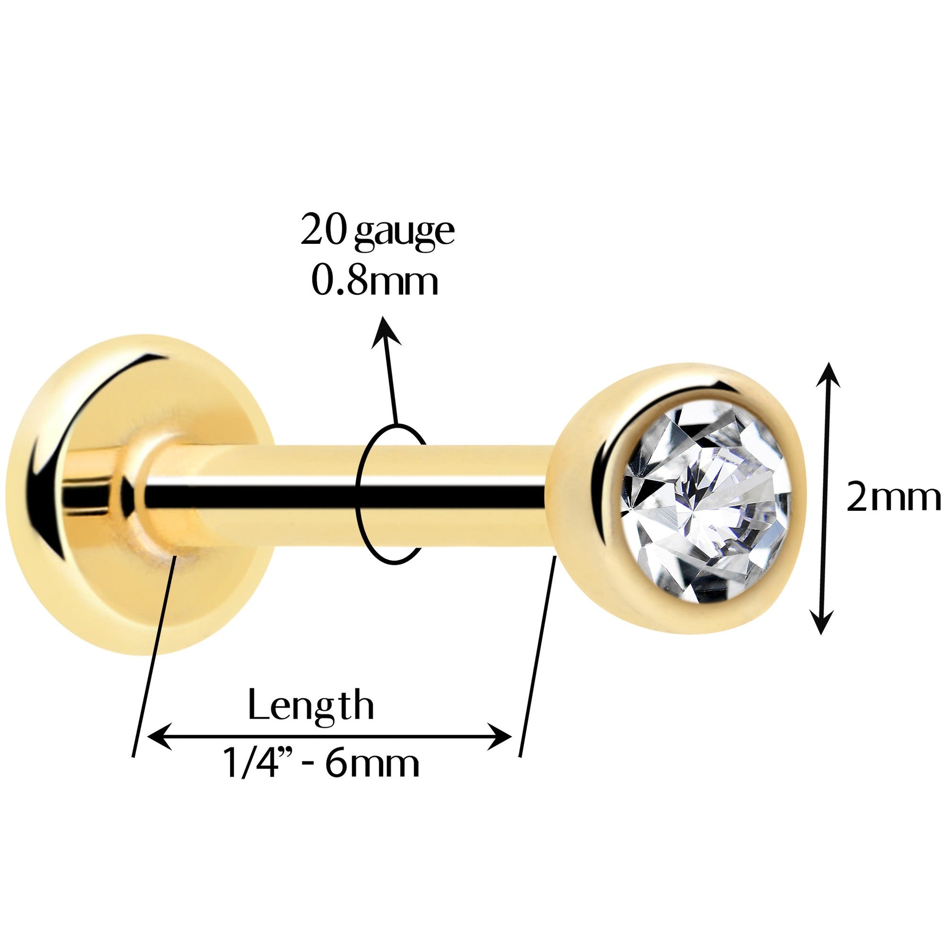 14k Solid Yellow Gold 2mm CZ Gem Threadless Push In Flat Back Stud BodyCandy