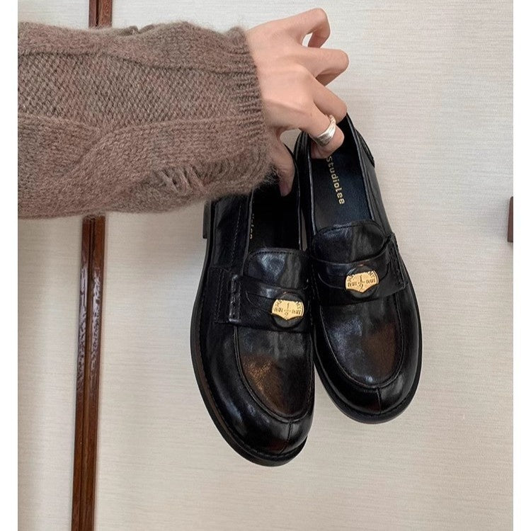 Women's British-Style Gold Coin Loafers | Block Heel Leather Slip-Ons FitiqueFit