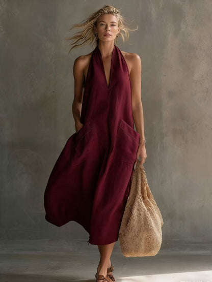 Women's Retro V-Neck Slip Dress – Loose Fit Sleeveless FitiqueFit