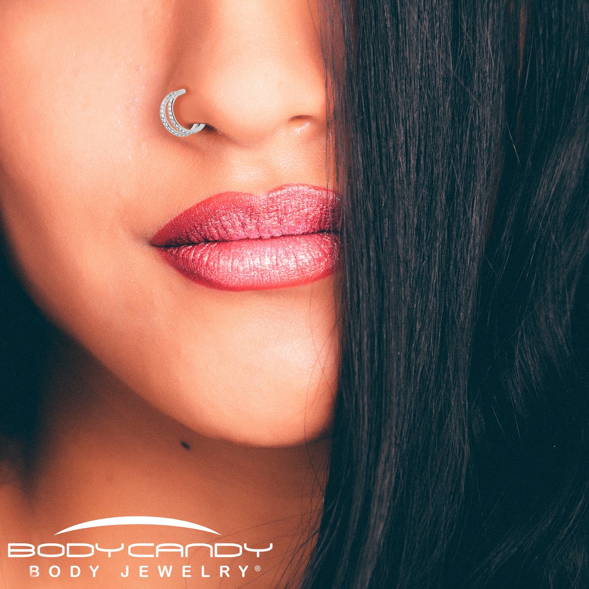 20G Double Row Micro Gem Implant Grade Titanium Hinged Double Hoop Nose Ring BodyCandy