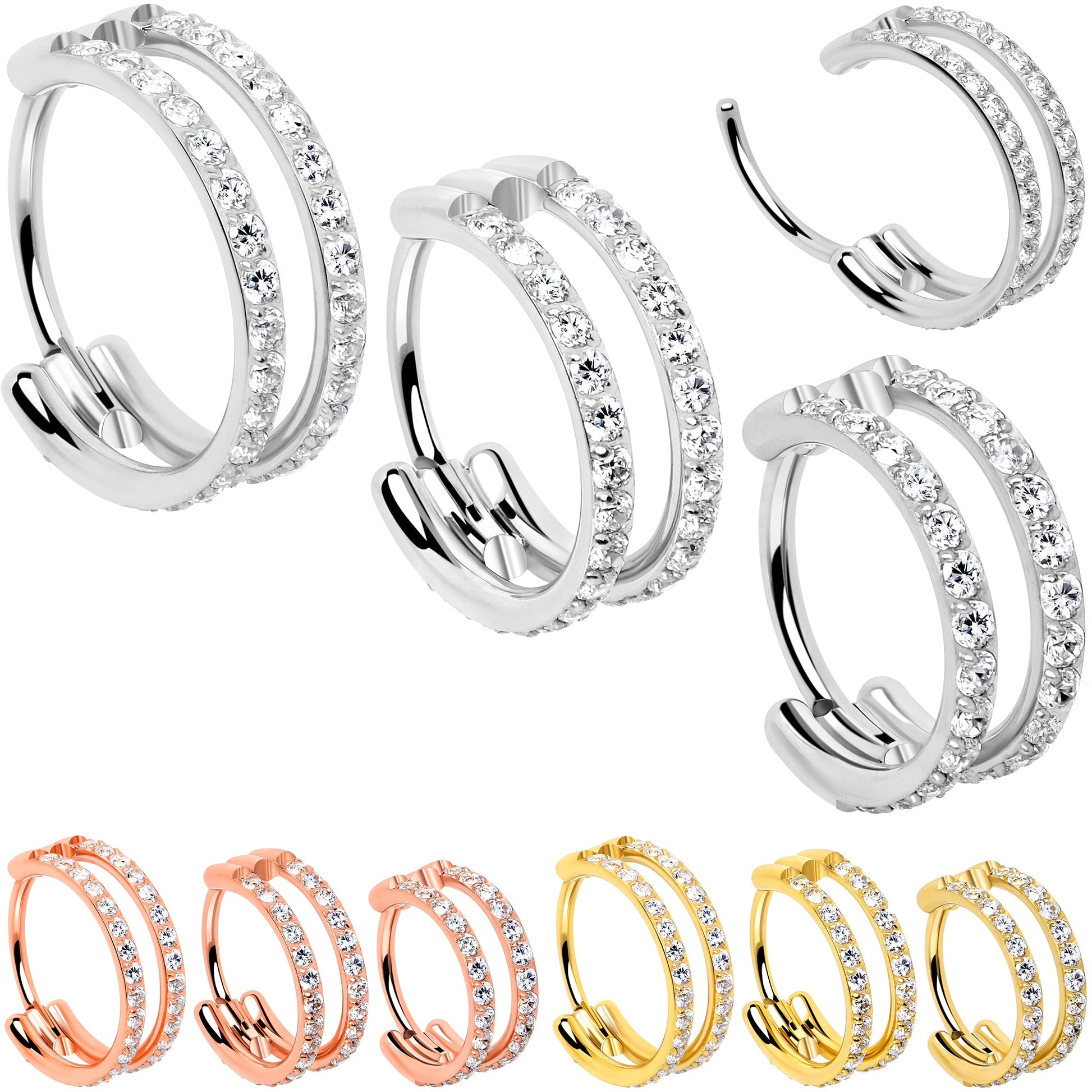 20G Double Row Micro Gem Implant Grade Titanium Hinged Double Hoop Nose Ring BodyCandy