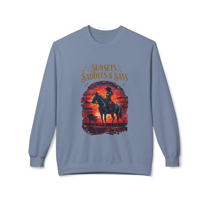 Sunsets Saddles and Sass Softstyle Fleece Crewneck Sweatshirt Country in My Heart