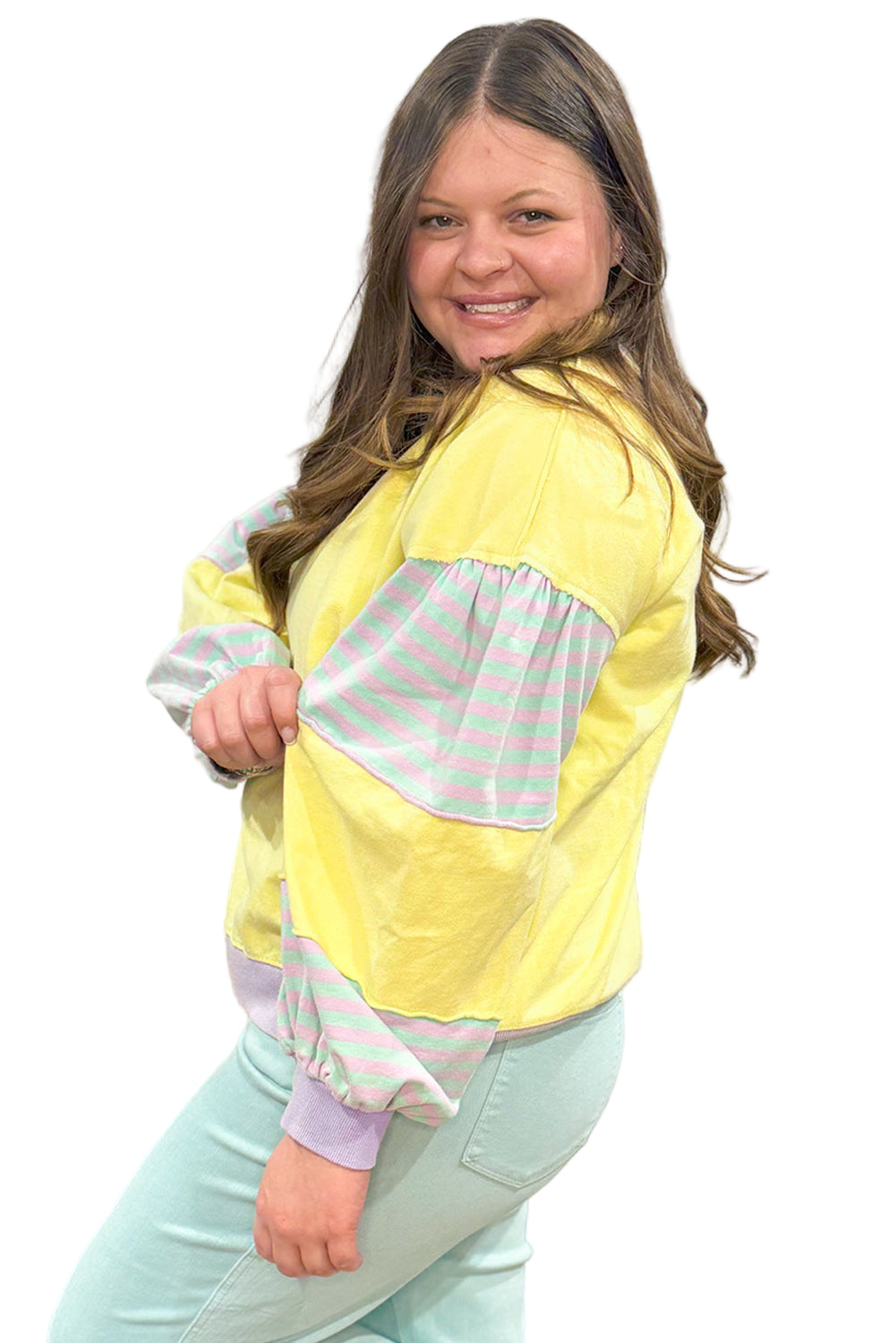 Yellow Striped Colorblock Patchwork Plus Size Pullover Sweatshirt Garden Naked Curves