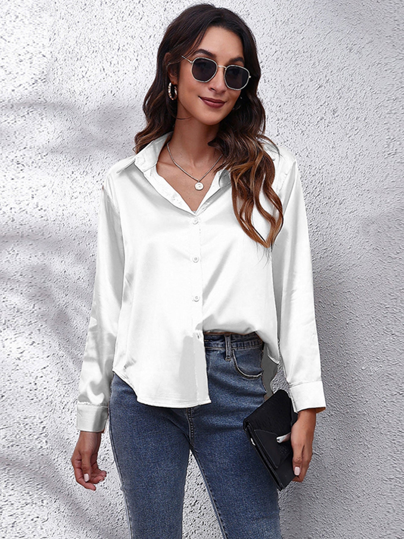 Hot Style In-Kind Shooting Satin Shirt Women'S Satin Imitation Long-Sleeved Shirt New European And American Cross-Border Women'S Clothing NovaCart