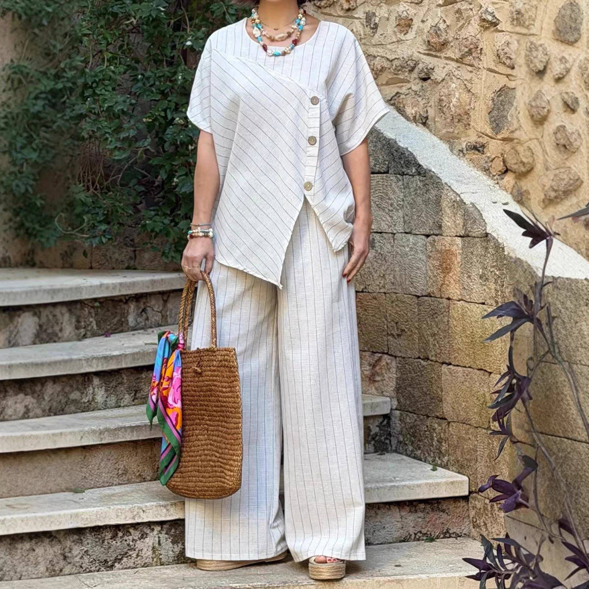 Striped Shirt & Loose Pants Set – Three-Quarter Sleeve Two-Piece FitiqueFit