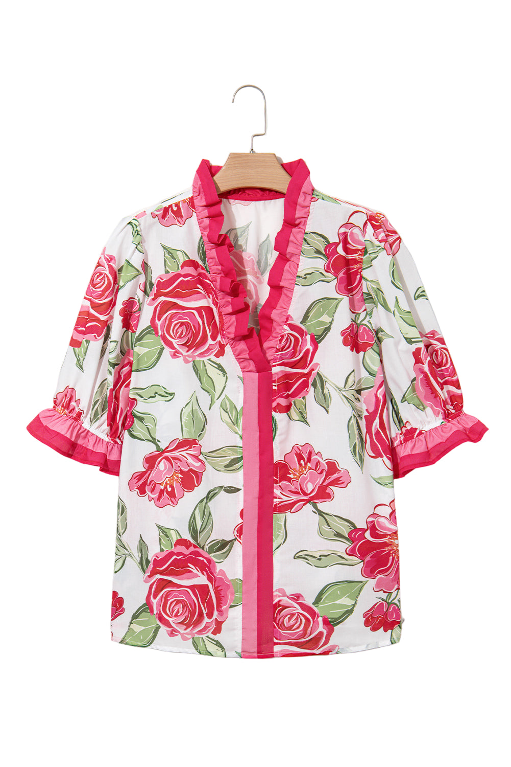 Rose Plus Size Floral Print Frill Neck Short Sleeve Blouse Garden Naked Curves
