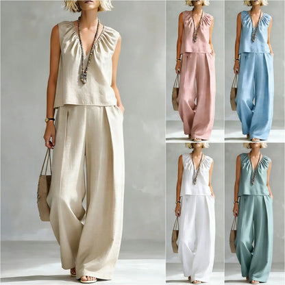 Women's Sleeveless Cotton-Linen Shirt & Pants Set – Urban 2-Piece FitiqueFit