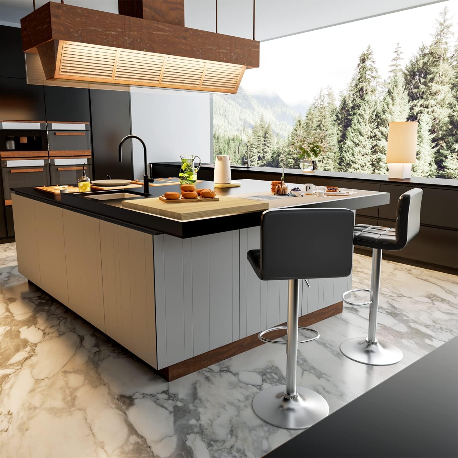 Modern PU Leather Adjustable Swivel Bar Stools, Armless Hydraulic Kitchen Counter Barstools, Extra Height Square Island Barstools with Back, Set of 2 (Black) New Era Fashion LLc