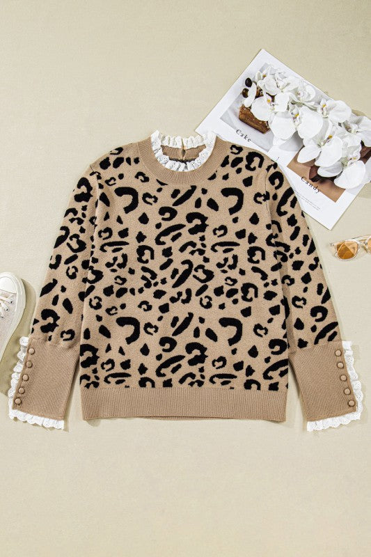Plus Size Leopard Knit Lacy Trim Long Sleeve Sweat Shop Style & More | Fresh Looks, Everyday Deals & Free Shipping