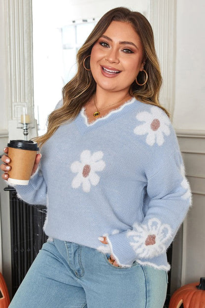 Plus Size Floral Scallop V-Neck Sweater Shop Style & More | Fresh Looks, Everyday Deals & Free Shipping
