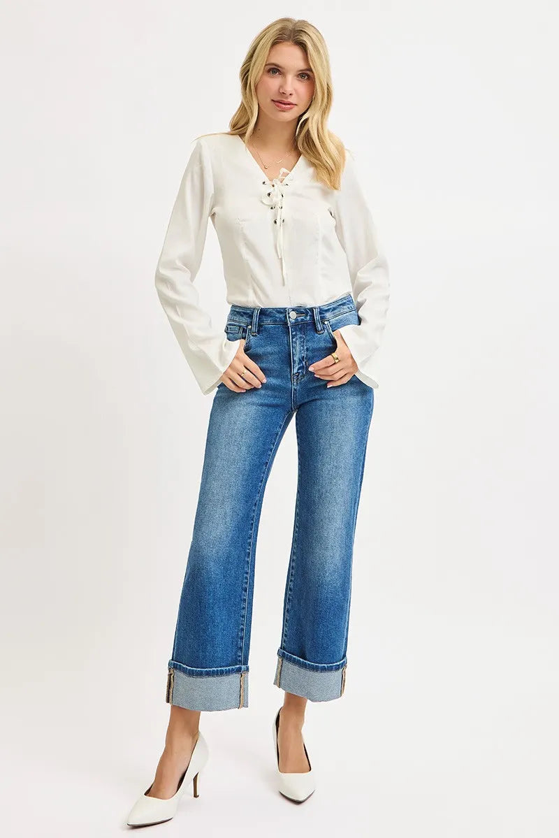 RISEN Full Size Mid Rise Crop Straight Cuffed Jeans Plus Size West2East Surf