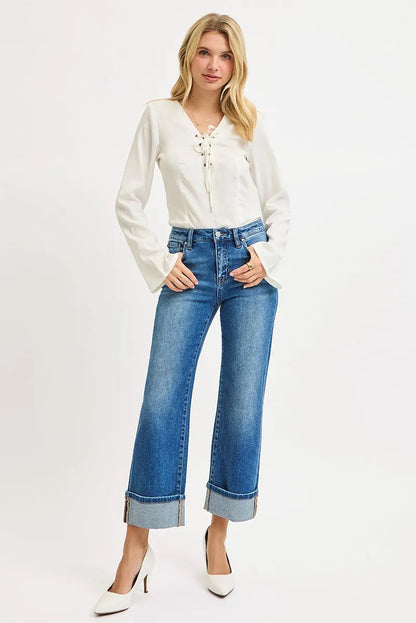 RISEN Full Size Mid Rise Crop Straight Cuffed Jeans Plus Size West2East Surf