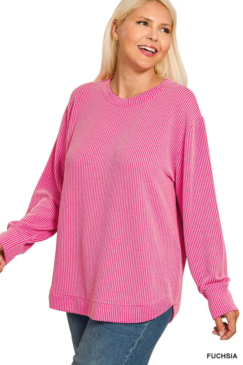 Zenana Full Size Raised Rib Round Neck Long Sleeve Top Plus Size Garden Naked Curves