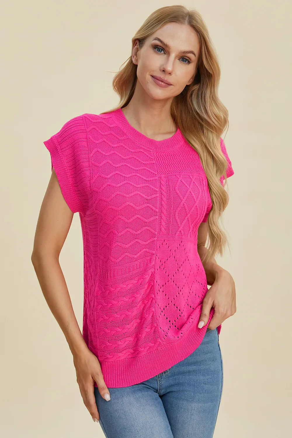 Double Take Full Size Cable-Knit Round Neck Cap Sleeve Sweater New Era Fashion LLc
