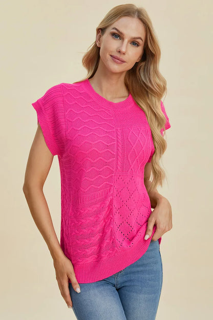 Double Take Full Size Cable-Knit Round Neck Cap Sleeve Sweater New Era Fashion LLc