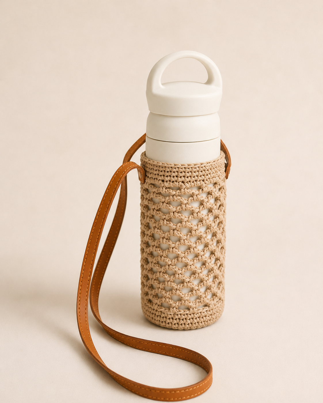 Crochet Cotton and Leather Water Bottle Holder Village Thrive
